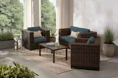 Fernlake 4-Piece Brown Wicker Outdoor Patio Deep Seating Set with Sunbrella Denim Blue Cushions