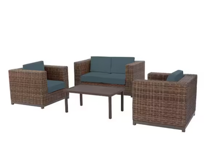 Fernlake 4-Piece Brown Wicker Outdoor Patio Deep Seating Set with Sunbrella Denim Blue Cushions