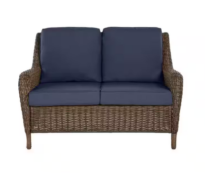 Cambridge Brown Wicker Outdoor Patio Loveseat with CushionGuard Midnight Navy Blue Cushions