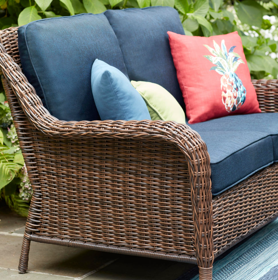 Cambridge Brown Wicker Outdoor Patio Loveseat with CushionGuard Midnight Navy Blue Cushions