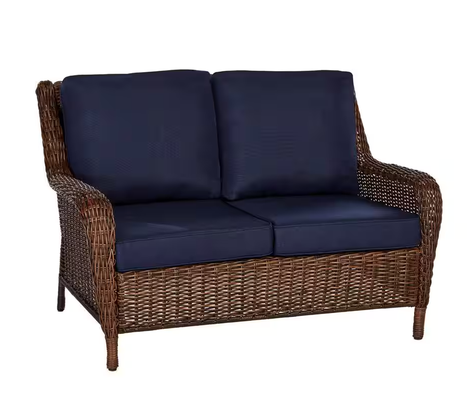 Cambridge Brown Wicker Outdoor Patio Loveseat with CushionGuard Midnight Navy Blue Cushions