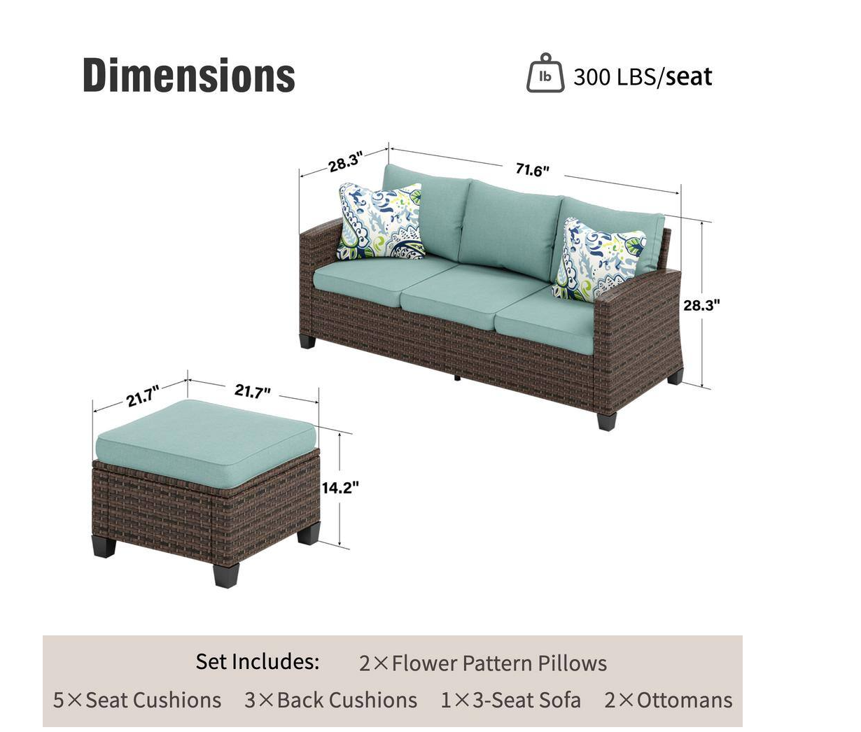 Brown Rattan Wicker 5 Seat 3-Piece Steel Patio Outdoor Sectional Set with Blue Cushions and 2 Ottomans