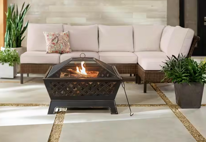 Tipton 34.00 in. W Rubbed Bronze Steel Wood Outdoor Fire Pit with Screen and Poker Included