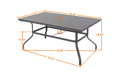 Gray Rectangle Powder-Coated Iron 61 in. x 37 in. Outdoor Dining Table with 1.57 in. Umbrella Hole