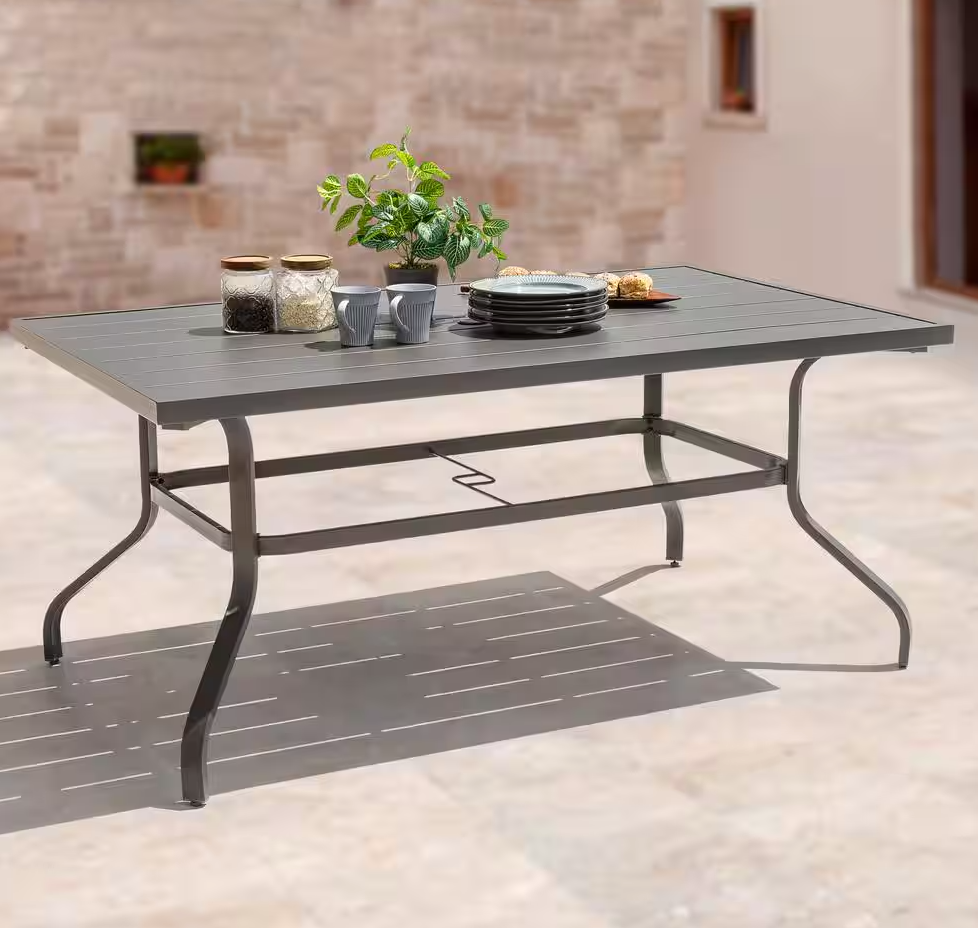 Gray Rectangle Powder-Coated Iron 61 in. x 37 in. Outdoor Dining Table with 1.57 in. Umbrella Hole