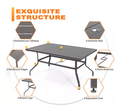 Gray Rectangle Powder-Coated Iron 61 in. x 37 in. Outdoor Dining Table with 1.57 in. Umbrella Hole