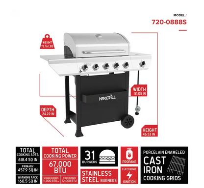 5-Burner Propane Gas Grill in Stainless Steel with Side Burner and Condiment Rack