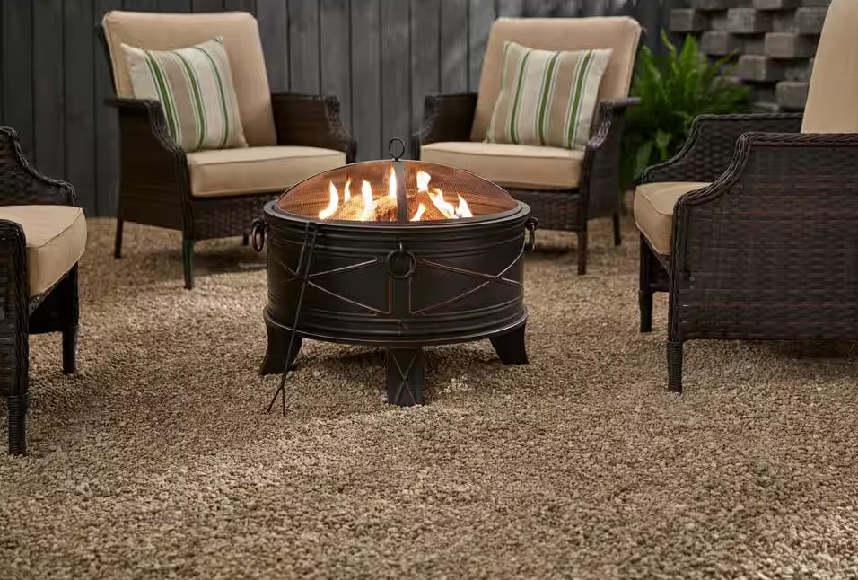 Quadripod 28.20 in. W Antique Bronze Steel Wood Outdoor Fire Pit with Screen and Poker Included