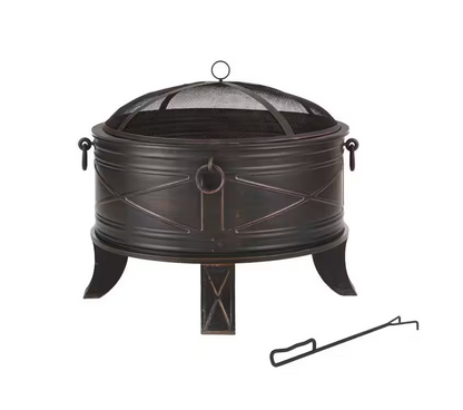 Quadripod 28.20 in. W Antique Bronze Steel Wood Outdoor Fire Pit with Screen and Poker Included