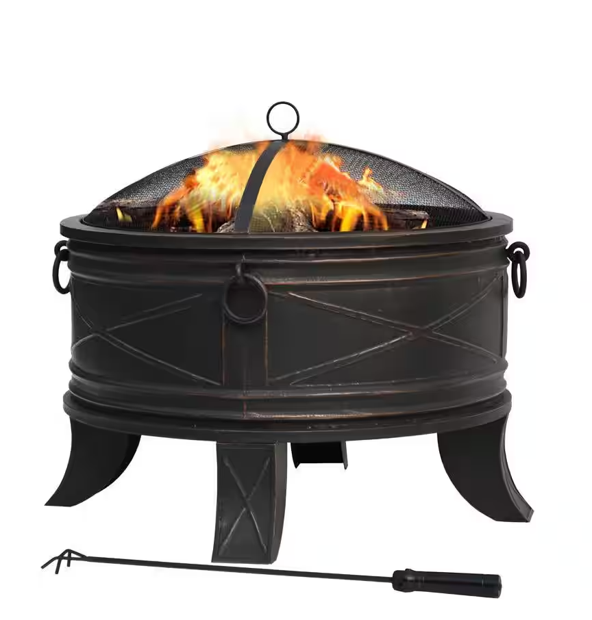 Quadripod 28.20 in. W Antique Bronze Steel Wood Outdoor Fire Pit with Screen and Poker Included