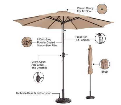 9 ft. Aluminum Market Patio Umbrella with Auto Tilt, Hand Crank Lift in Beige