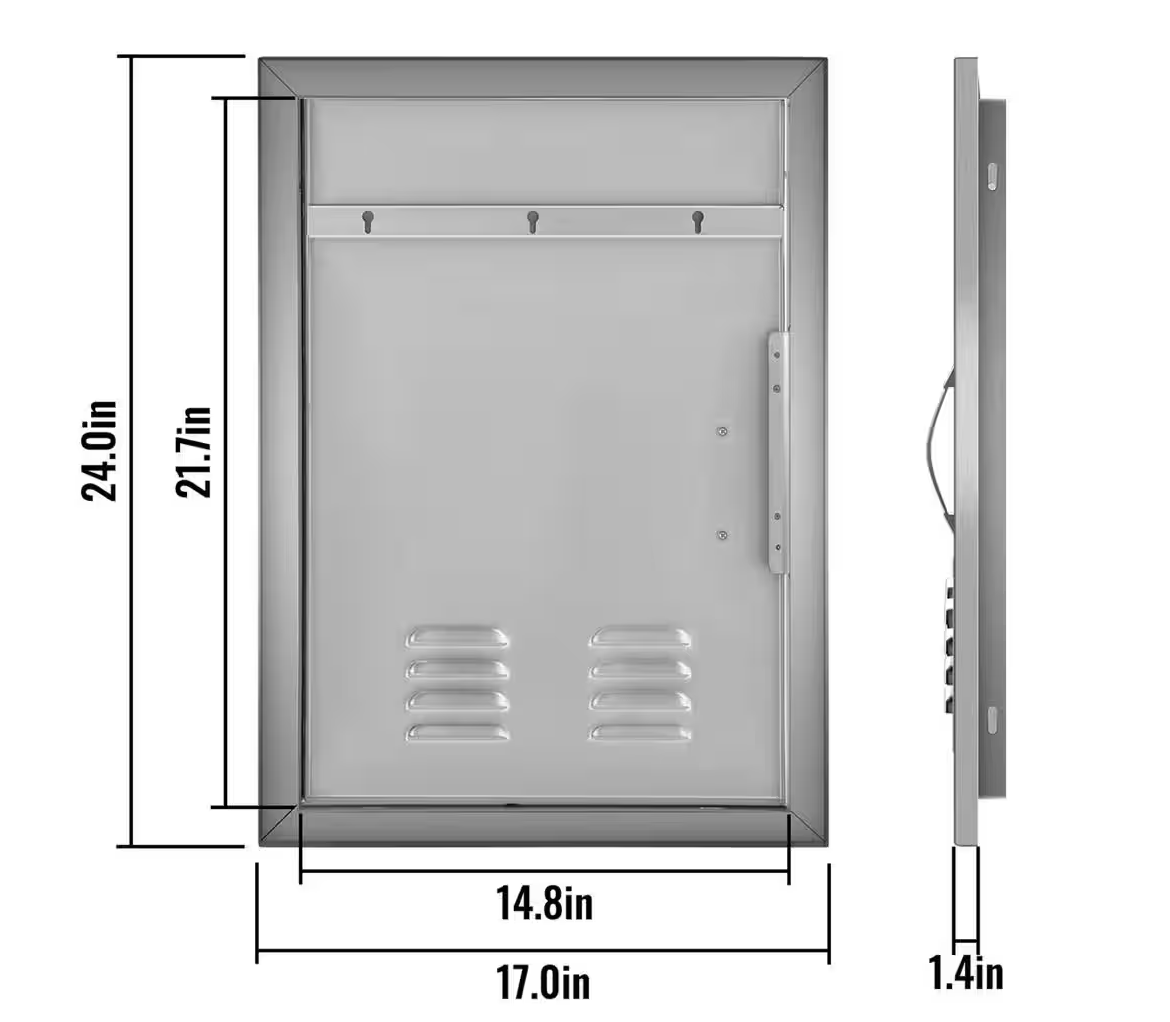 BBQ Access Door 17 in. W x 24 in. H Vertical Island Door with Vents Stainless Steel Single Access Door for BBQ Island