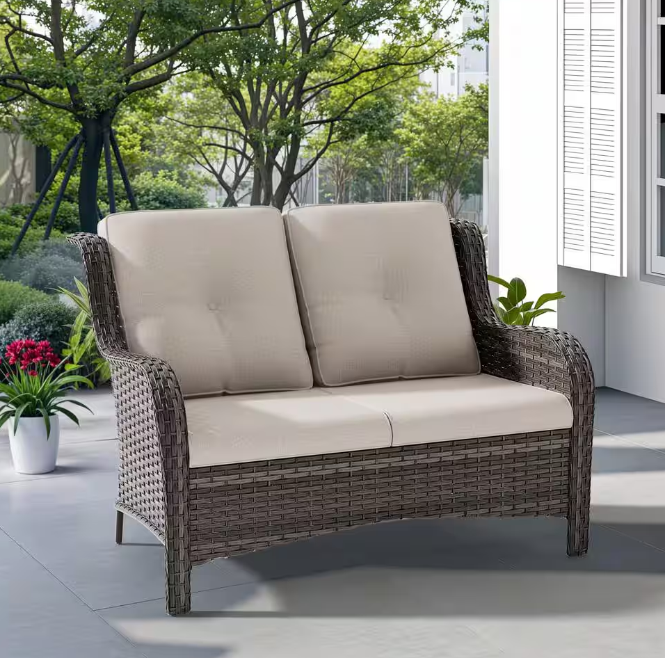 Brown Wicker Outdoor Patio Loveseat with Beige Cushions