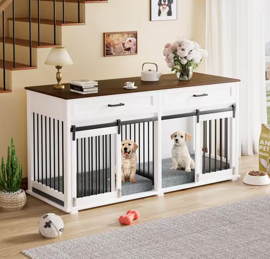 Wooden Dog Crate Furniture Dog Kennel Doghouse Accent Storage Cabinet with 2-Drawers and Divider