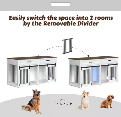 Wooden Dog Crate Furniture Dog Kennel Doghouse Accent Storage Cabinet with 2-Drawers and Divider