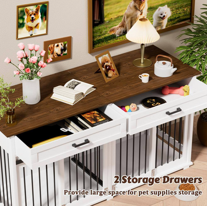 Wooden Dog Crate Furniture Dog Kennel Doghouse Accent Storage Cabinet with 2-Drawers and Divider