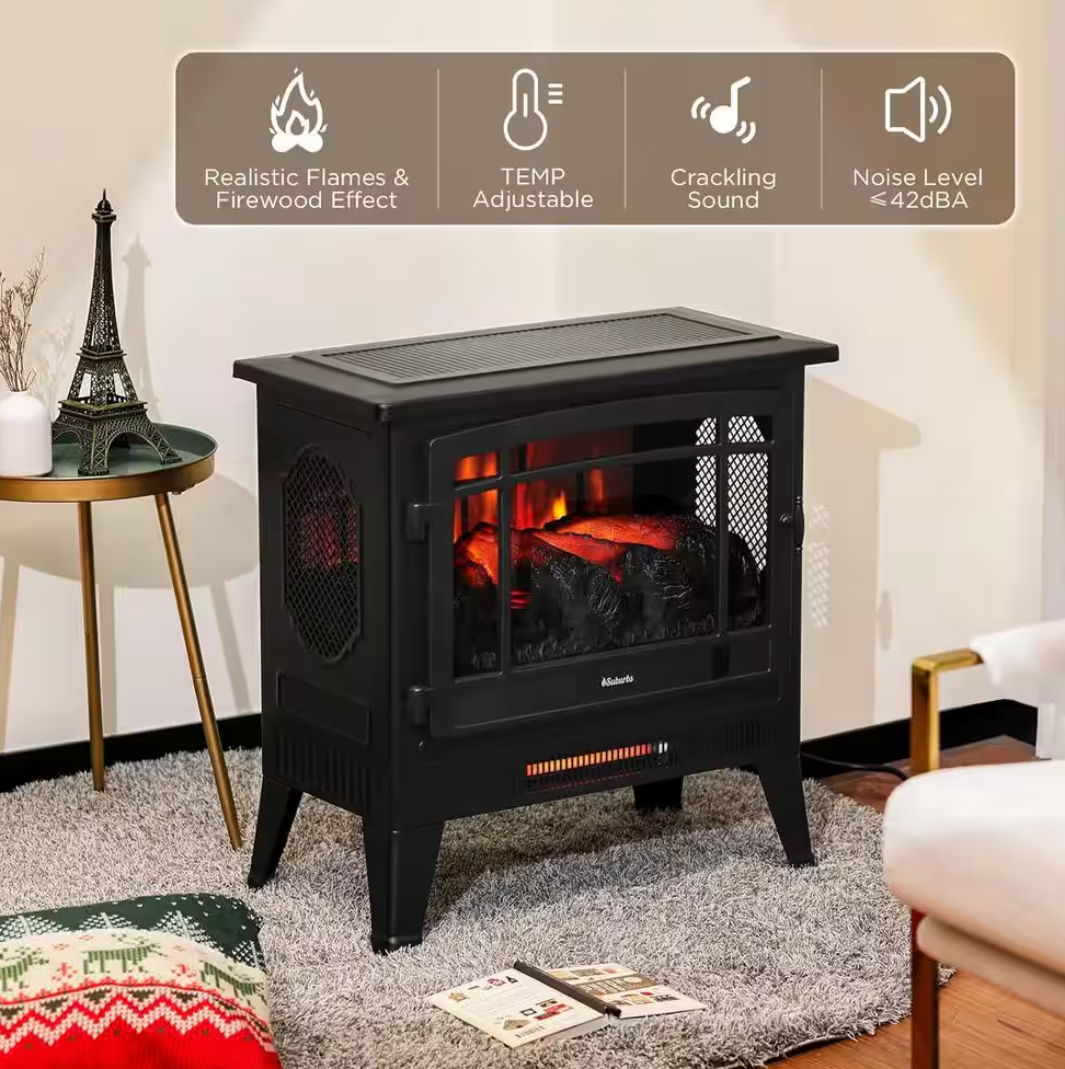 1400 W Suburbs 25 in. WiFi-Enabled Electric Fireplace Infrared Quartz Heater, Crackling Sound Freestanding heater, Black