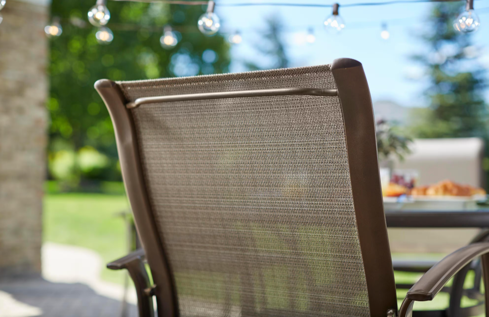 Mix and Match Reinforced Aluminum Brown Stackable Outdoor Patio Dining Chair in Sunbrella Elevation Stone Sling