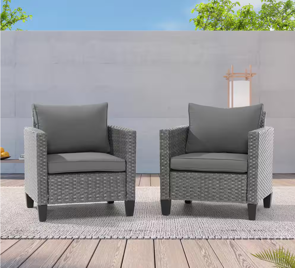 2-Pack Gray Wicker Patio Outdoor Single Sofa with Gray Cushion