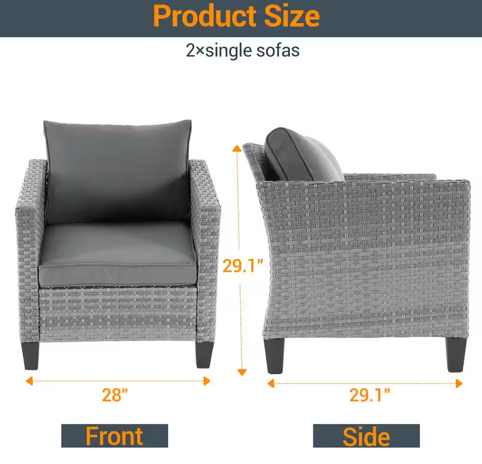 2-Pack Gray Wicker Patio Outdoor Single Sofa with Gray Cushion