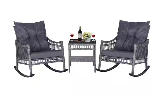 3-Piece Outdoor Rocking Chairs Wicker with Gray Cushions, Pillows and Table