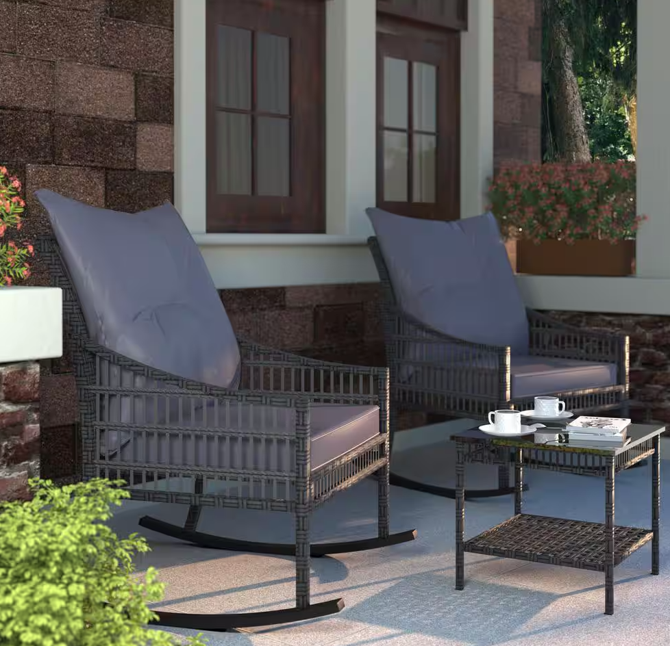 3-Piece Outdoor Rocking Chairs Wicker with Gray Cushions, Pillows and Table