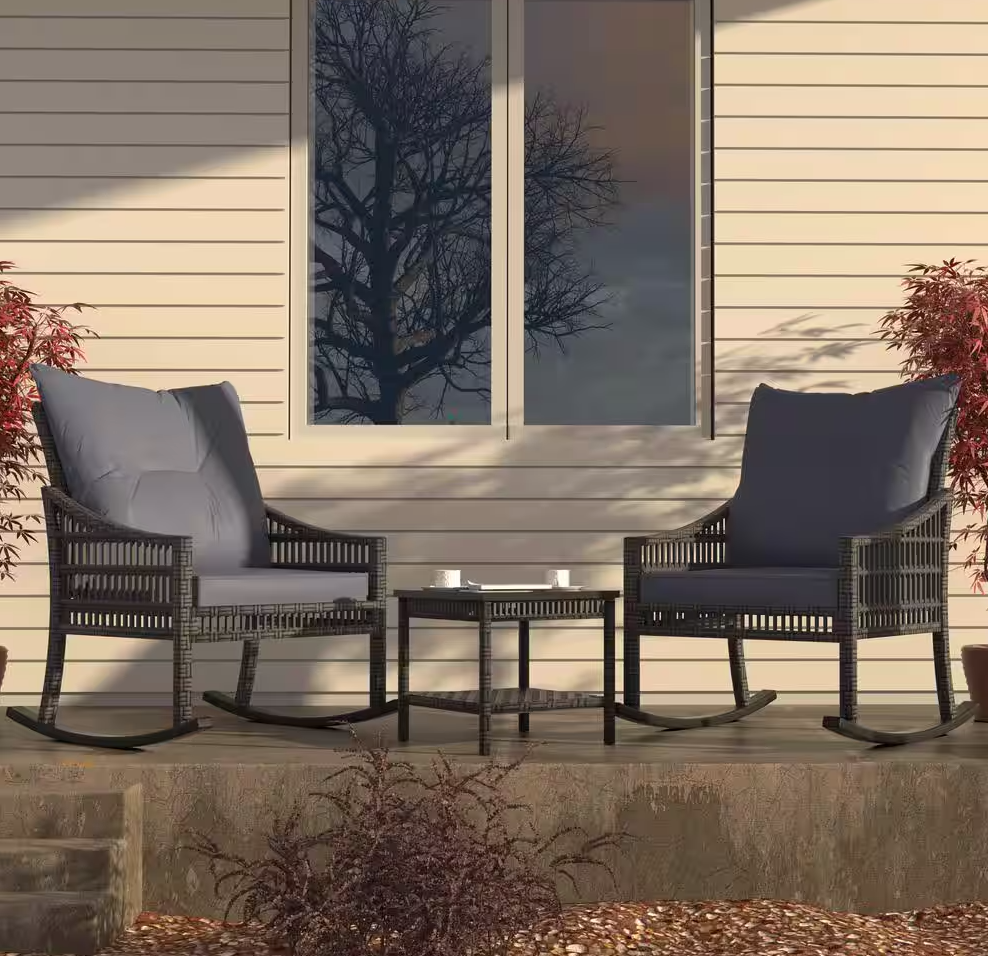 3-Piece Outdoor Rocking Chairs Wicker with Gray Cushions, Pillows and Table